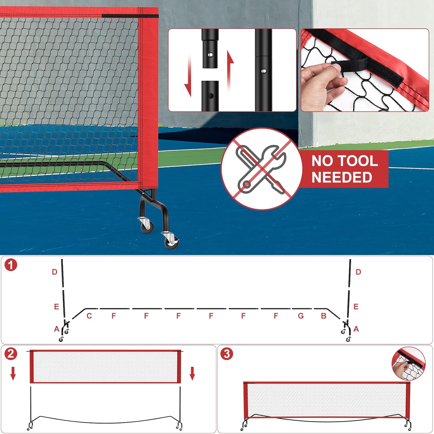 Portable Pickleball Net with Wheels, 22 FT Regulation Size/11 FT Half Court, Weather Resistant Metal Frame and Strong PE Net with Carry Bag and Pickleballs, for Driveway Garages - Black Red